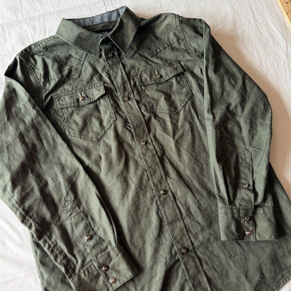 Cody James Boys XL Olive Green Paisley Pearl Snap Western Shirt